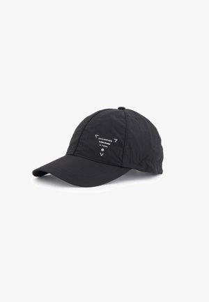 Black cap made of lightweight fabric, featuring a structured peak, adjustable back, and front logo detailing in white.