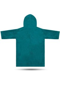 Türkiser Kapuzenponcho mit langen Ärmeln, aus weichem, strukturiertem Stoff. Keine sichtbaren Muster oder Beschläge.