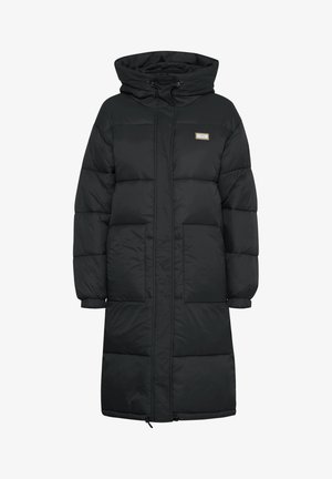 Langer schwarzer Puffer-Mantel mit Kapuze, ausgestattet mit einem Frontreißverschluss, großen Taschen und elastischen Bündchen. Glatte Textur und leichtes Futter.