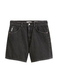 Zwarte denim short met een klassiek ontwerp, vijf zakken, knoopsluiting en zichtbare stiksels voor textuur.