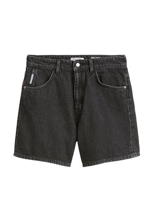 Schwarze Denim-Shorts mit klassischem Design, fünf Taschen, Knopfverschluss und sichtbaren Nähten für Textur.