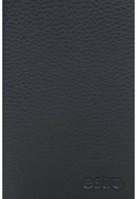 Black textured leather product with a subtle grain, featuring an embossed logo in the lower right corner. Smooth and durable finish.