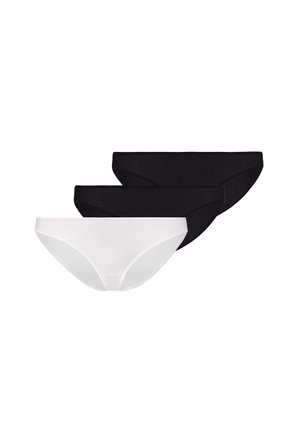 Drei Damen-Bikinislips mit niedriger Taille, zwei in Schwarz und einer in Weiß, in einer versetzten, sich überlappenden Reihe auf weißem Hintergrund angeordnet.