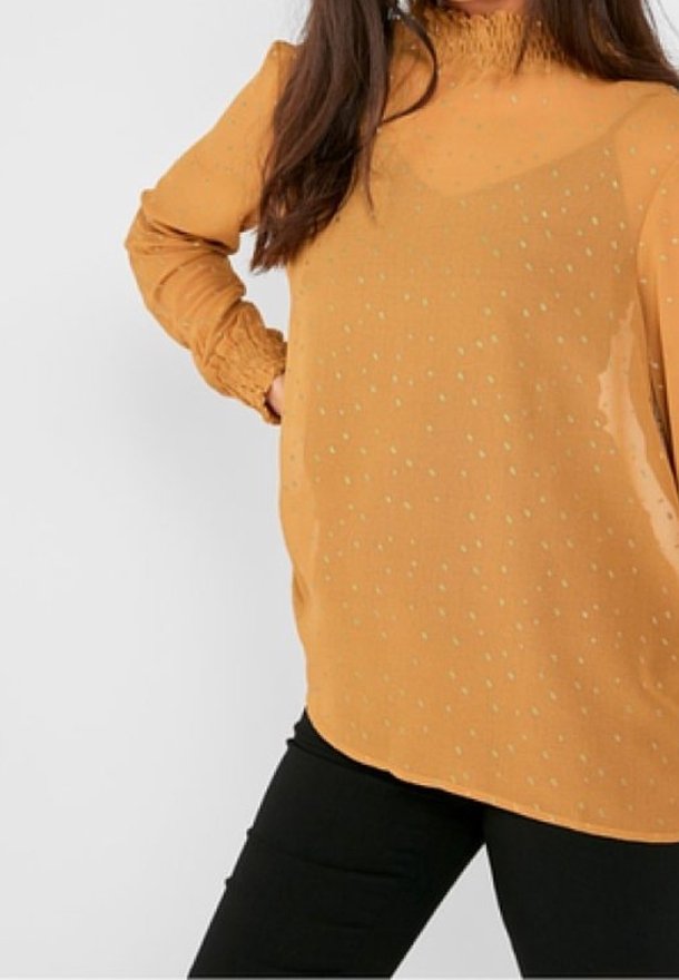 Blusa senape con collo alto, maniche lunghe e polsini arricciati. Presenta un sovrapposto trasparente con piccoli pois verdi.