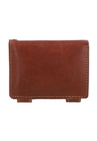 Rudas odinis piniginė su lygiu paviršiumi, su kontrastingomis siūlėmis ir kompaktišku, stačiakampiu dizainu. Matomų metalinių detalių ar raštų nėra.