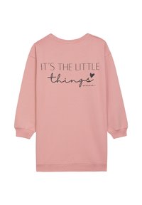 Rosa Sweatshirt mit langen Ärmeln und Rundhalsausschnitt. Auf der Rückseite befindet sich ein in schwarzer Schreibschrift gedruckter Slogan "IT'S THE LITTLE things".