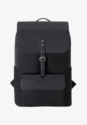 Black backpack made of textured fabric and leather. Features a top flap with a strap closure, front pocket, and adjustable shoulder straps.