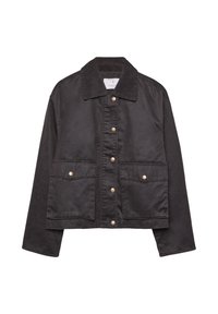 Veste noire à boutons, avec col en velours côtelé, deux poches à rabat à l'avant dotées de boutons, et des manches longues.