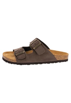 Brown suede sandal with two adjustable buckles, cork footbed, textured outsole, and open design for breathability.