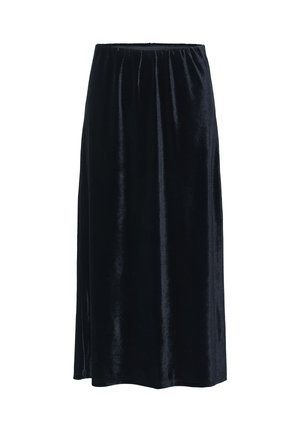 Lange zwarte fluwelen rok met een elastische tailleband en een rechte, iets vloeiende snit.
