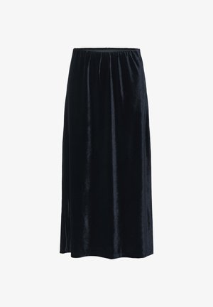 Long black velvet skirt with an elastic waistband and a straight, slightly flowing cut.