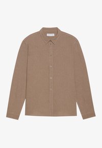Camicia a maniche lunghe di colore marrone chiaro con colletto, chiusura frontale con bottoni e una texture sottile. Presenta polsini standard e orlo dritto.