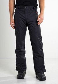 Pantalons noirs imperméables coupe droite, dotés de poches zippées et de genoux renforcés, fabriqués en tissu durable et texturé.
