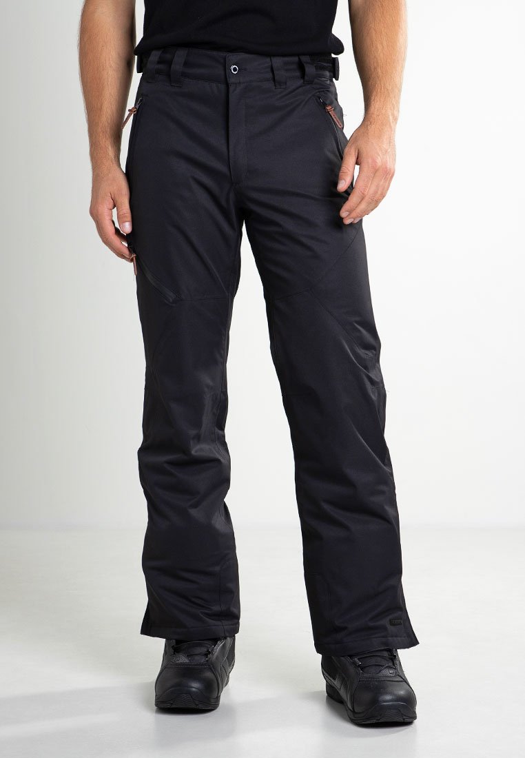 Pantalons noirs imperméables coupe droite, dotés de poches zippées et de genoux renforcés, fabriqués en tissu durable et texturé.