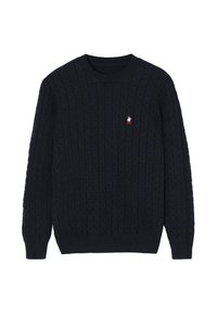 Navy gebreide trui met een textuurpatroon, ronde hals en lange mouwen. Bevat een klein geborduurd figuurtje op de borst.