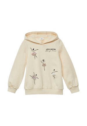 Crème-kleurige hoodie met vier ballerina-illustraties, sommige met tutu-texturen, en de tekst "LEVEN IS BETER als je danst" aan de voorkant.