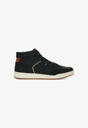 Black high-top sneaker with a smooth texture, featuring brown leather accents, lace-up design, and a rubber sole with white midsole.