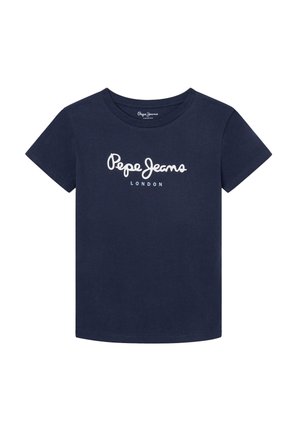 Kortærmet, marineblå t-shirt med hvid "Pepe Jeans London"-logo centreret på forsiden.