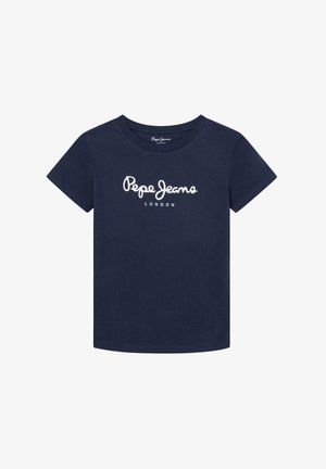T-shirt bleu marine à manches courtes avec logo blanc "Pepe Jeans London" centré sur le devant.