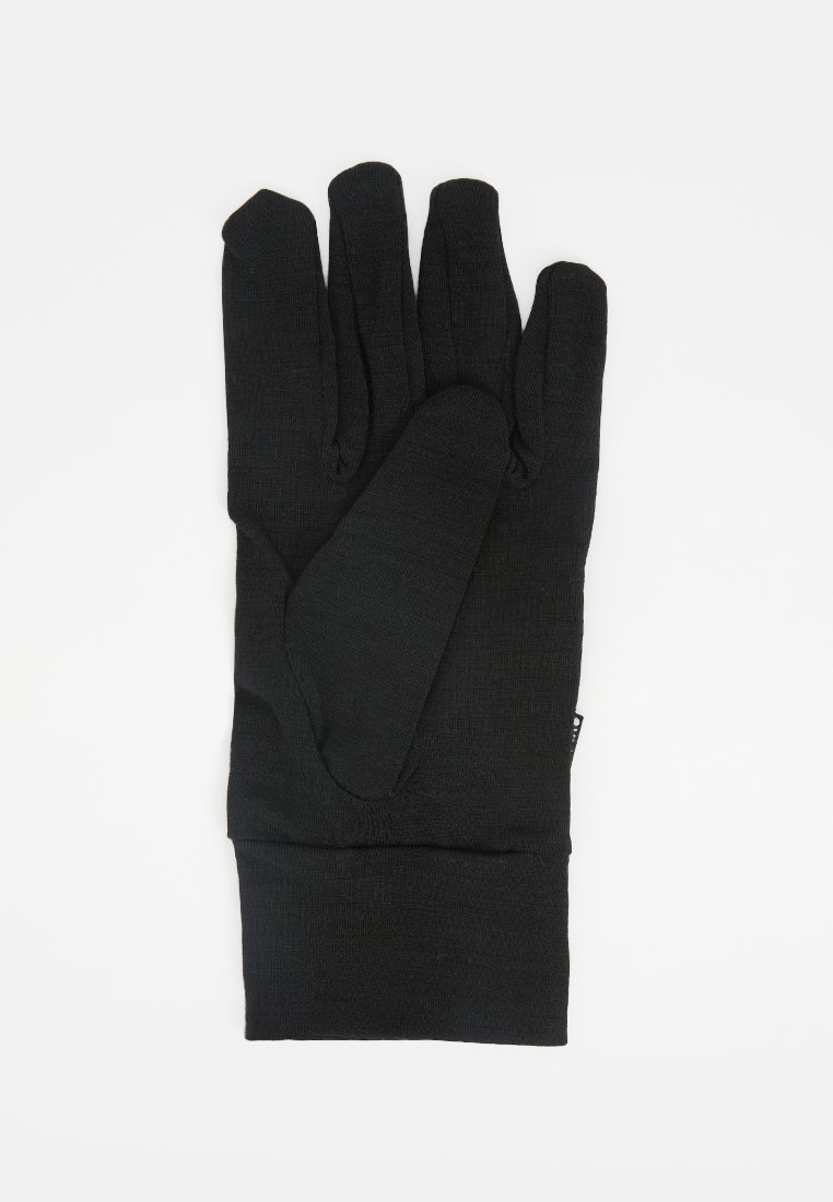 Schwarze Handschuhe aus strukturiertem Stoff mit fünf Fingern und einem Handgelenkbund. Einfaches Design ohne sichtbare Muster oder Akzente.