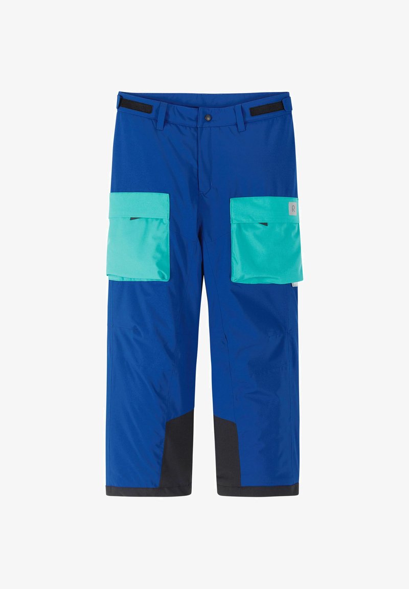 Blaue Schneehosen mit türkisen Cargo-Taschen und schwarzen Akzenten am Saum. Verfügt über einen verstellbaren Bund und ein strapazierfähiges, wasserdichtes Material.