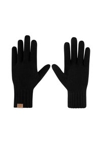 Schwarze gestrickte Handschuhe mit einem gerippten Bund, ausgestattet mit einem kleinen, rechteckigen Lederetikett mit einem Logo im Handgelenkbereich.