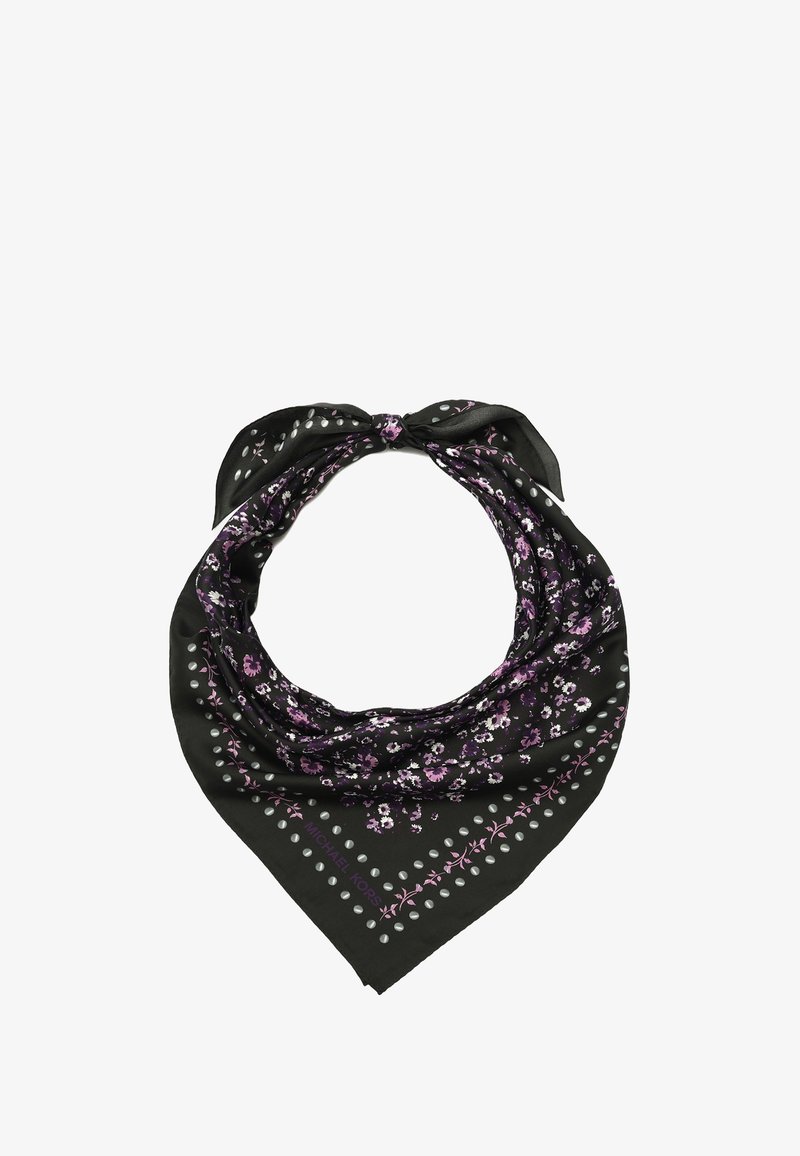 Sciarpa nera con motivo floreale in viola e grigio. Finiti con dettagli a pois argento e un elastico per capelli annodato nella parte superiore.