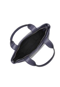 Navylederhandtasche mit strukturierten Oberfläche, Reißverschluss und zwei Griffen; das Innere hat ein schwarzes Futter ohne Taschen.