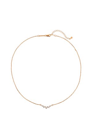 Delicate gold chain necklace with a small cluster of six clear gemstones in a curved arrangement at the center, featuring a lobster clasp and extender chain.
