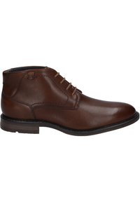 Bottine en cuir marron avec une finition lisse, bout rond et couture subtile. Dotée de lacets marron et d'un talon empilé pour un meilleur soutien.