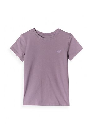 Prosty lawendowy t-shirt z krótkim rękawem i okrągłym dekoltem oraz małym logo 1F na lewej piersi, ułożony na płasko na białym tle.