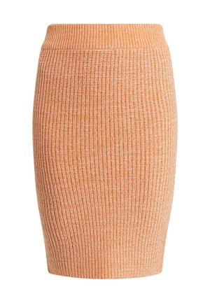 Pehmeast oranžist lõngast kudumispencil seelik vertikaalse ribakudumise tekstuuriga ja istuva siluetiga. Painduva ja mugava elastse vöökoha poolest.