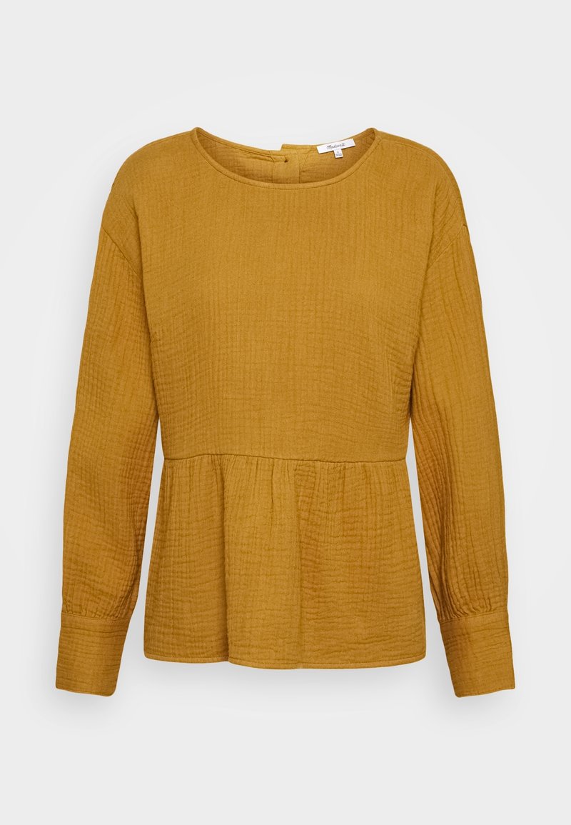 Blouse texturée à manches longues de couleur jaune moutarde avec encolure ronde, taille froncée et fermeture à boutons dans le dos.