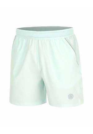 Hellblaue Sportshorts mit elastischem Bund, Seitentaschen mit Mesh-Details und kleinem rundem Logo am unteren Bein.