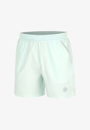 Hellblaue Sportshorts mit elastischem Bund, Seitentaschen mit Mesh-Details und kleinem rundem Logo am unteren Bein.