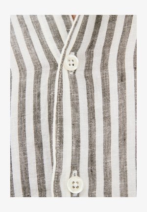 Striped shirt featuring alternating white and textured gray lines, with a white button and a V-neck design. Lightweight fabric.