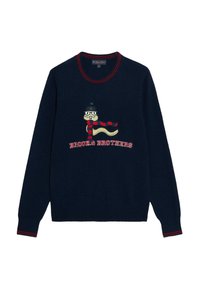 Maglioncino blu navy con accenti a strisce rosse e un personaggio ricamato con occhiali e sciarpa, con il testo "Brooks Brothers" sottostante.