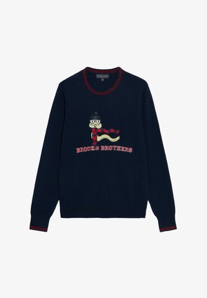 Pull en maille bleu marine avec des accents rayés rouges et un personnage brodé portant des lunettes et une écharpe, avec le texte "Brooks Brothers" en dessous.