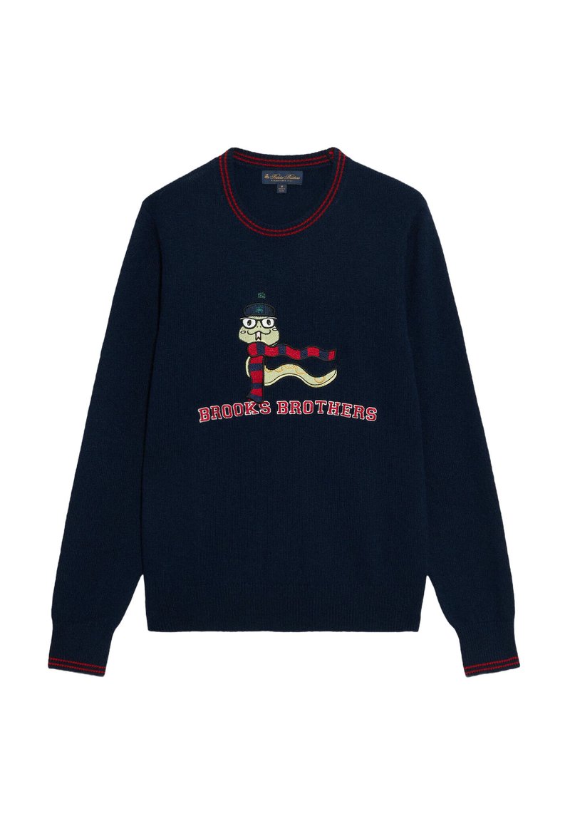 Maglioncino blu navy con accenti a strisce rosse e un personaggio ricamato con occhiali e sciarpa, con il testo "Brooks Brothers" sottostante.