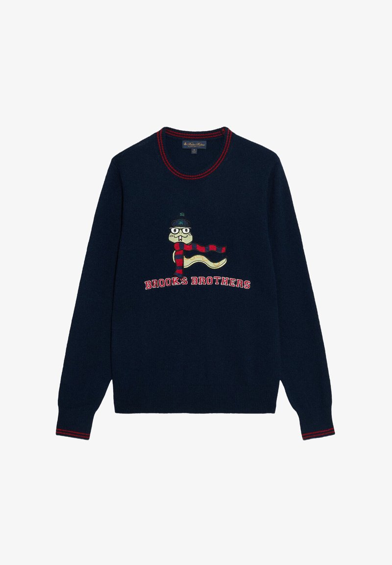 Dunkelblauer Strickpullover mit roten Streifendetails und einer bestickten Figur in einer Brille und einem Schal, mit "Brooks Brothers" Schriftzug darunter.