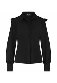 Zwarte blouse met lange mouwen, knoopsluiting aan de voorkant, puntige kraag, aansluitende manchetten en ruffles op de schoudernaad.