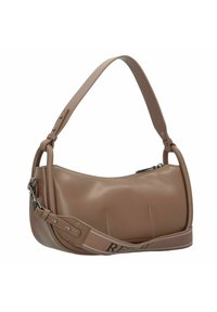 Borsa a spalla in pelle marrone dalla forma curvata, dotata di chiusura a zip e tracolla removibile con logo. Texture liscia.