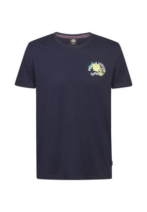 Marineblaues T-Shirt mit kurzen Ärmeln, Rundhalsausschnitt und kleinem Grafikmotiv mit Zitrone und Text auf der linken Brust.
