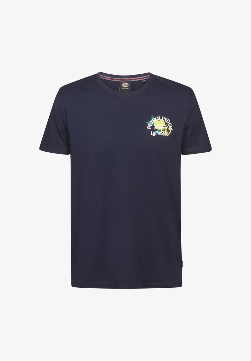T-shirt bleu marine à manches courtes avec col rond et petit motif graphique représentant un citron et du texte sur le côté gauche de la poitrine.