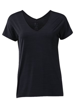 Sort kortærmet dame T-shirt med V-udskæring, let struktur og afslappet pasform.