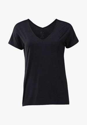 Czarny damski t-shirt z krótkim rękawem i dekoltem w serek, o lekkiej fakturze i luźnym kroju.