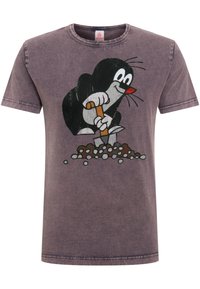 Graues T-Shirt im Vintage-Stil mit einem Cartoon-Maulwurf, der mit einer Schaufel gräbt. In Schwarz, Weiß und Rot auf der Vorderseite bedruckt.