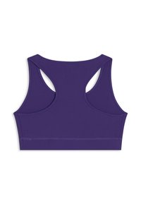 Brasiletta sportiva viola con design aderente, caratterizzata da uno stile racerback, scollatura a barca e cuciture piatte per il comfort. Tessuto morbido e elasticizzato.