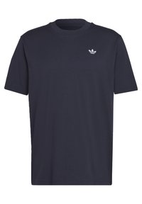 Mörkblå bomull t-shirt med korta ärmar och rund halsringning. Har en liten vit logotyp på vänster bröstområde. Enkel design.