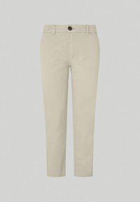 Chinos in cotone beige chiaro con taglio dritto, tasche frontali, chiusura con bottone e un piccolo etichetta vicino al punto vita. Texture liscia.